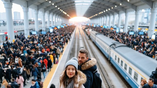 A couple stands together in a bustling train station, their connection evident as they overlook the horizon glowing at sunset, immersed in the lively atmosphere.