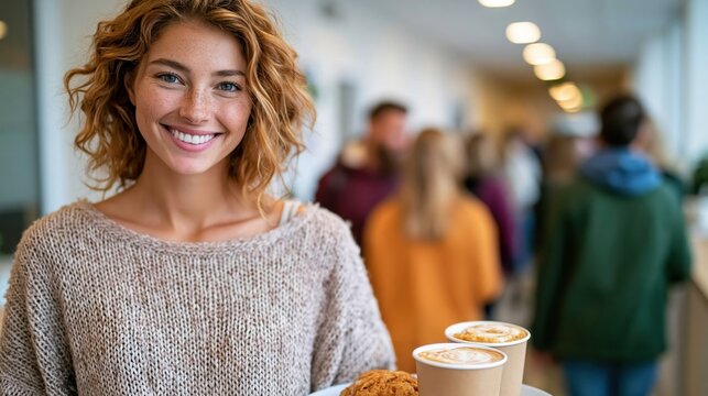 A cheerful woman holds a tray with coffee and cookies, brightening the atmosphere around her, perfectly capturing joy, community, and warmth in a bustling environment.