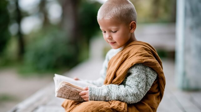 A serene child monk, clad in traditional attire, sits reading a book amidst the tranquility of nature, symbolizing wisdom, peace, and spirituality.