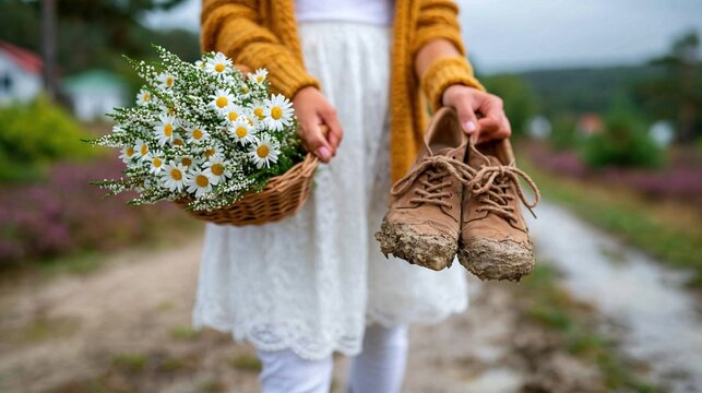 A whimsical image of a person holding muddy shoes while carrying a basket of flowers, symbolizing the beauty in life's imperfections and the balance between nature and adventure.