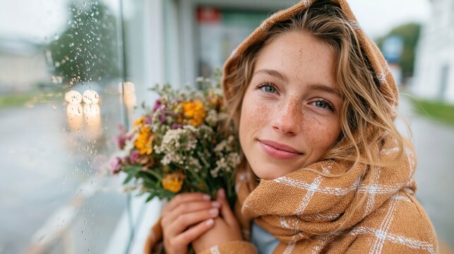 A joyful woman cradles a bouquet of flowers while standing by a rain-speckled window, epitomizing beauty and positivity amidst a gloomy weather backdrop, showcasing resilience.
