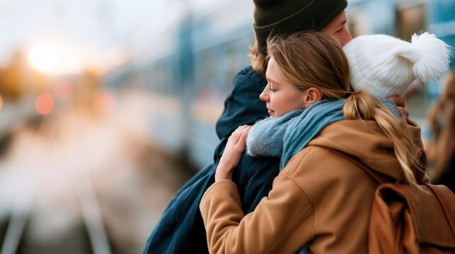 A warm and heartfelt scene of three friends sharing a loving embrace at a train station, capturing emotions of togetherness and warm goodbyes amidst a bustling backdrop.