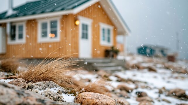 A charming wooden house is covered in soft snow, blending seamlessly into its winter environment, exuding warmth and inviting feelings of home during chilly weather.