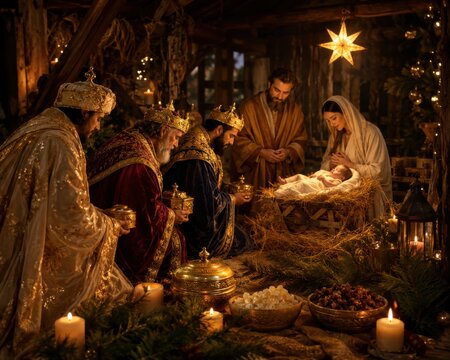 Die Heiligen Drei K&ouml;nige bringen Gold, Weihrauch und Myrrhe zum Jesuskind. Warme Krippenszene mit Maria und Josef in festlicher Weihnachtsatmosph&auml;re.