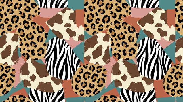 Collection of twenty-seven seamless fashionable patterns featuring exotic animal skins integrated with abstract geometric backgrounds for modern textile design and luxury digital wallpaper decor