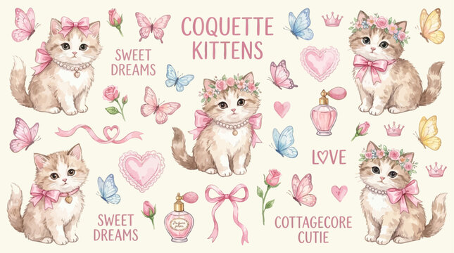 Aesthetic coquette watercolor kitten illustration featuring a charming cat adorned with a pink ribbon and delicate butterfly, vintage style artistic feline clipart for creative design.