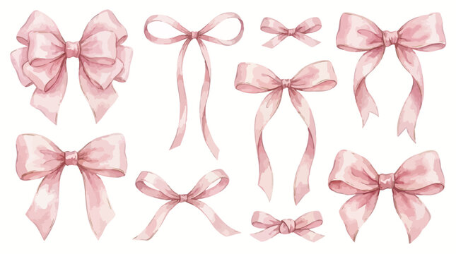 Collection of Seventeen Elegant Hand Painted Pink Watercolor Bows and Artistic Ribbon Clipart Knots for Festive Wedding Invitation Card Decor Decorative Satin Silk Ties and Creative Craft Projects