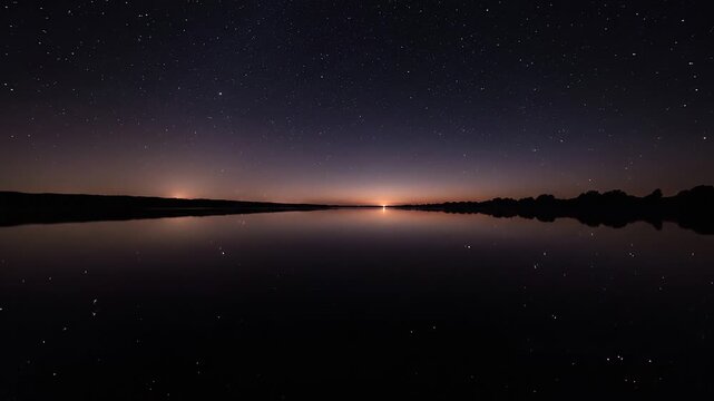 Crisp twilight glow reflecting off perfectly still river water surface POV from opposite scenic bank