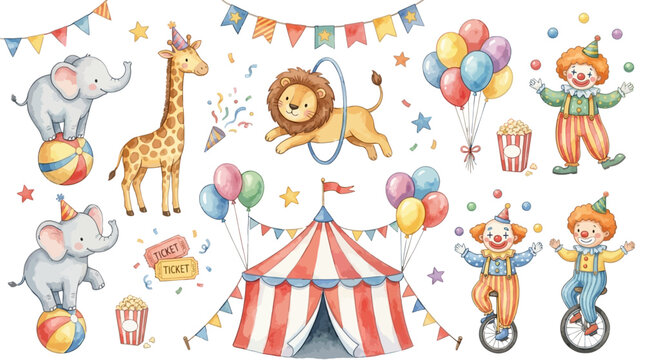Vibrant set of sixteen artistic watercolor circus clipart elements including whimsical performing animals, a charming baby elephant, funny clowns, and classic big top carnival decorations.