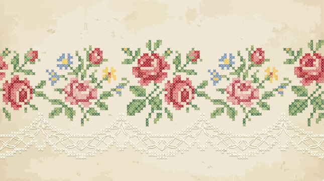 Collection of fifteen vintage cross stitch floral border seamless patterns featuring delicate rose embroidery in a nostalgic cottagecore aesthetic for traditional textile design and craft.