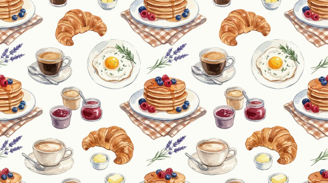 Watercolor painted seamless pattern featuring traditional French breakfast elements including flaky croissants, aromatic coffee, fried eggs, and rustic kitchen frying pan on white background.