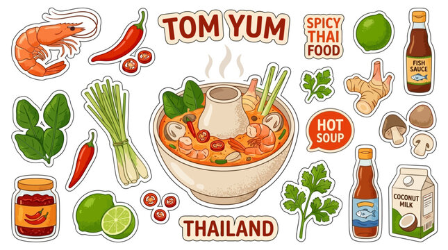 Authentic Thai Tom Yum Goong Soup Sticker Set with Spicy Shrimp Chili Lemongrass Fragrant Herb and Mushroom in a Bowl Illustration Graphic for Asian Food Restaurant Menu Decor and Design.