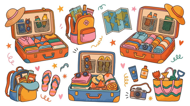 Large collection of colorful cartoon open luggage and travel suitcases for vacation journey, flat vector illustration of packed baggage kits for global tourism and wanderlust adventure.
