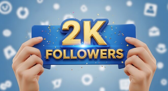 Hands holding a two thousand followers sign with gold lettering and floating confetti particles.