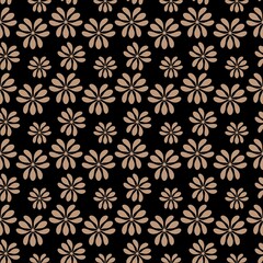 Fototapeta premium A striking vintage tan brown floral seamless pattern densely packed over a black background, bold for autumn fashion apparel.