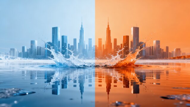 Split cityscape with water splash