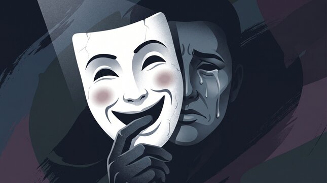 Smiling theatrical mask held in front of crying face, conceptual illustration of hidden pain depression and fake happiness mental health concept
