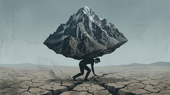 Tiny figure carrying giant mountain on their back, concept illustration of overwhelming responsibility burden and life pressure in muted desaturated tones