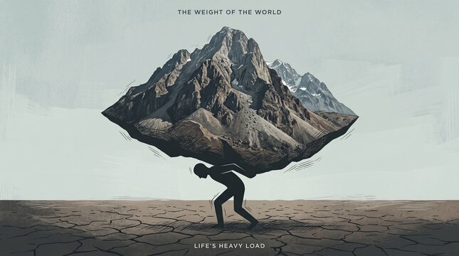 Tiny figure carrying giant mountain on their back, concept illustration of overwhelming responsibility burden and life pressure in muted desaturated tones