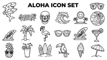 Aloha summer beach vacation hawaii surfing travel icons. © Ojufa