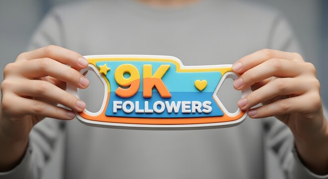 Person holds a colorful 9k followers sign to celebrate a growing digital community.