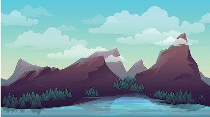 Cartoon Mountain Lake Landscape Background with Forest and Nature Scenery © muhammad