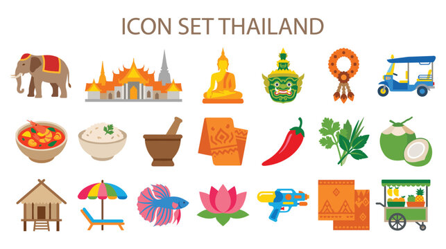 Thailand icon set with cultural and food elements.