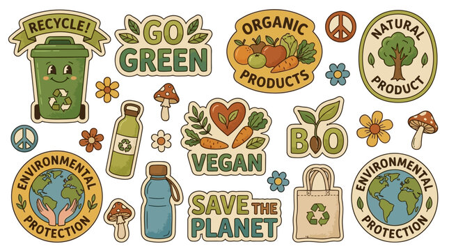 Vibrant collection of cartoon ecological recycling sticker featuring retro groovy aesthetic with vintage pattern and funky sustainable Earth Day design element for environmental awareness.