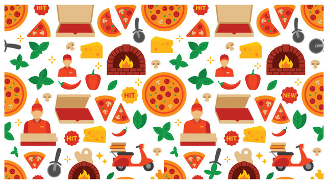 Pizza pattern background with food and delivery elements.