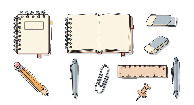 Office supplies notebooks pens pencils erasers ruler and paper clip