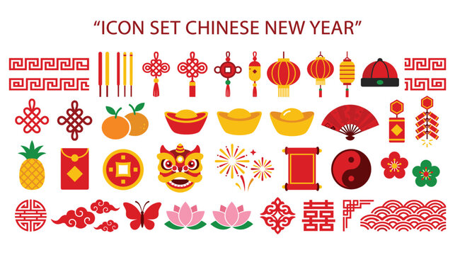 Chinese new year celebration tradition flat icon set illustration.