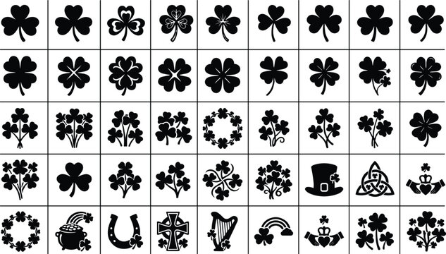 Shamrock vector icon set, st patricks day symbols, irish clover, lucky charm designs