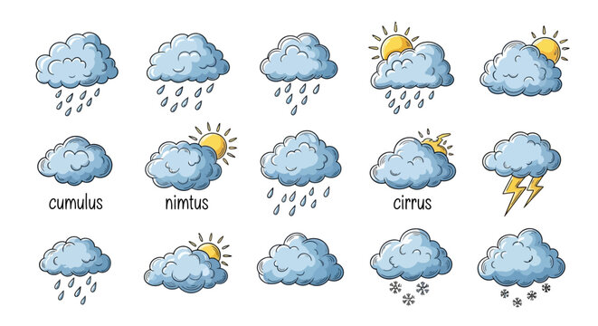 Weather icons set illustration displaying different cloud conditions