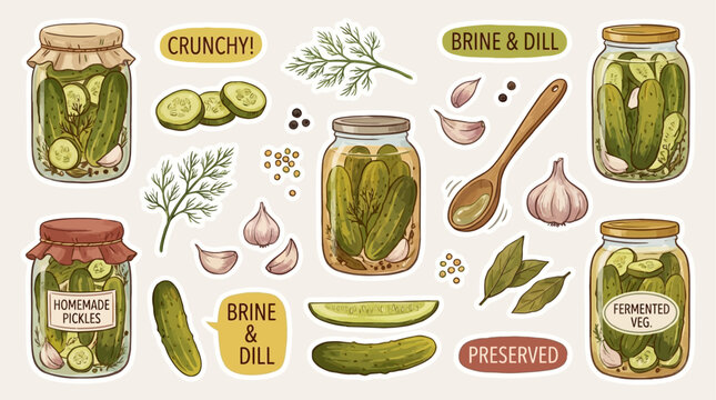 Assorted pickled cucumber stickers featuring glass jars sliced pickles organic dill herbs fermented vegetables with salty brine marinade and traditional homemade food preservation elements.