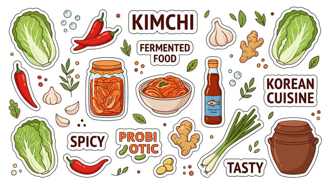 Collection of traditional Korean kimchi fermented food stickers featuring napa cabbage spicy chili pepper garlic fish sauce and probiotic vegetables for healthy oriental cuisine illustration