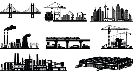Obraz premium Industrial and infrastructure black silhouette icons set featuring factory, port, construction site, bridge, and city skyline