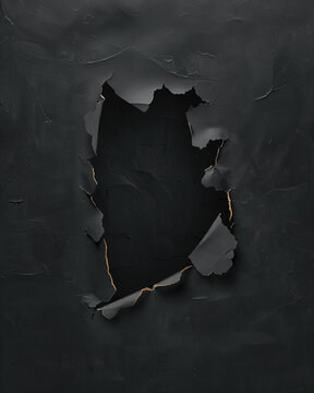 Roughly torn hole in black paper with dark texture background, 어두운 질감 배경에 거칠게 찢어진 검은 종이 구멍