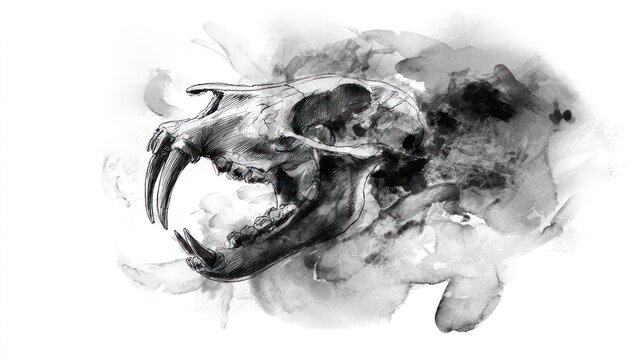 Watercolor illustration of a saber toothed cat skull isolated on white