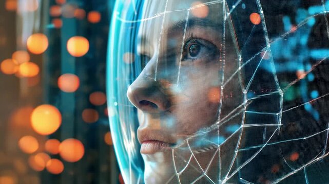 Woman face with digital network mesh overlay