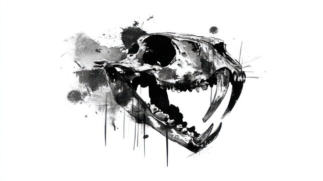 Ink illustration of a big cat skull with detailed bone structure