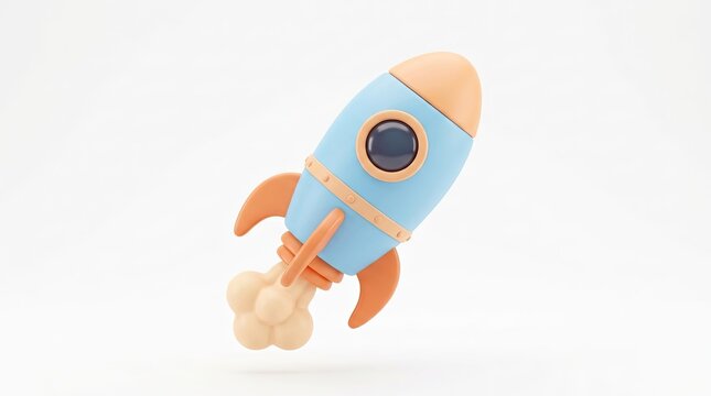 A blue and orange rocket ship blasting off into the air on white background