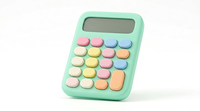 Colorful plastic toy calculator with pastel buttons on white background