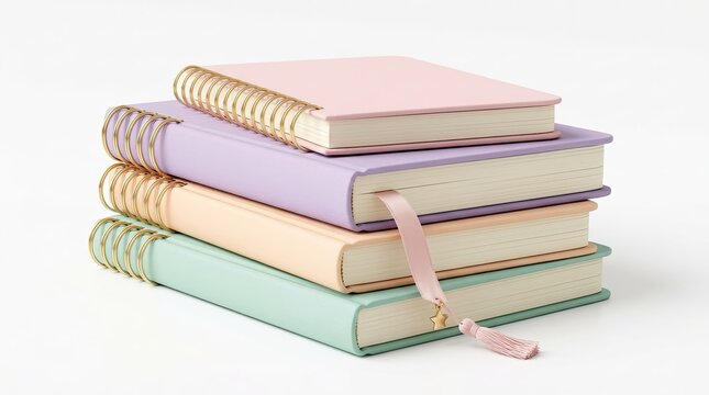 Stack of colorful spiral bound notebooks with bookmarks on white background