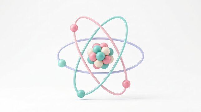 Colorful 3d atom model with pink, green, and purple orbitals on white background