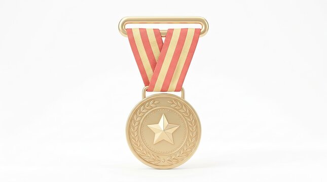 Gold medal with star and laurel wreath on red and yellow ribbon isolated on white background