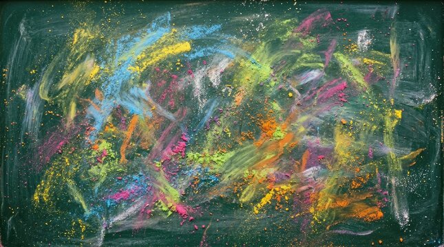 Vibrant colorful chalk splatters on a dark green background board