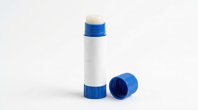 A blue and white tube of lip balm with the cap off to the side