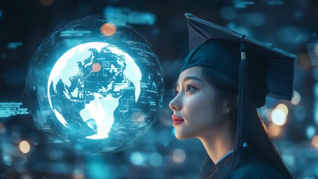 Graduate woman looking at glowing holographic globe