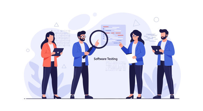 Software Testing Team Analyzing Code with Magnifying Glass and Tablets - Modern Flat Illustration