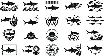 Shark silhouette and marine wildlife icon set featuring black vector graphics of swimming great white sharks coral reefs ocean waves and sea life conservation pictograms © Rajkumar